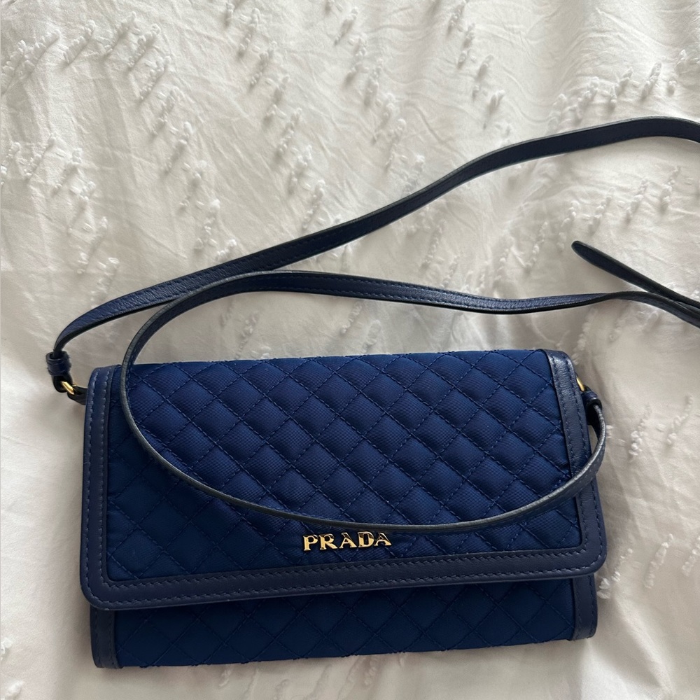 PRADA 1M1437 Quilted Nylon Leather Shoulder Bag Wallet Purse Blue - Picture 1 of 7